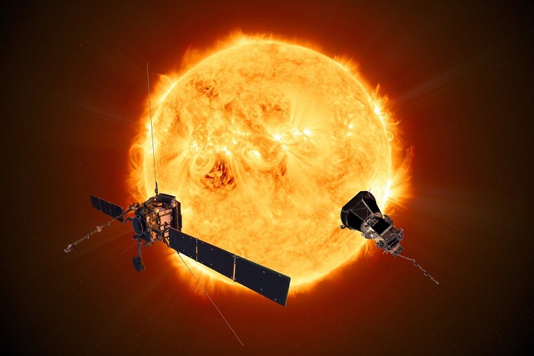 Rappresentazione artistica delle sonde Solar Orbiter e Parker in orbita attorno al Sole (fonte: Solar Orbiter ESA/ATG medialab; Parker Solar Probe: ASA/Johns Hopkins APL) - RIPRODUZIONE RISERVATA