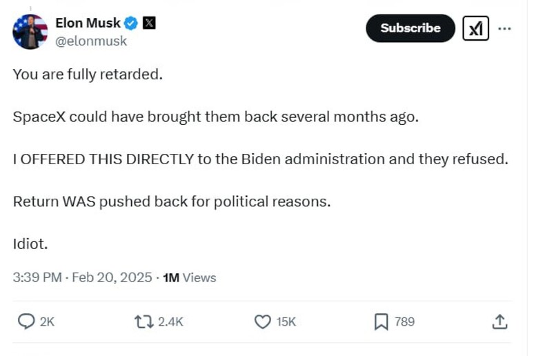 il post di Musk - RIPRODUZIONE RISERVATA