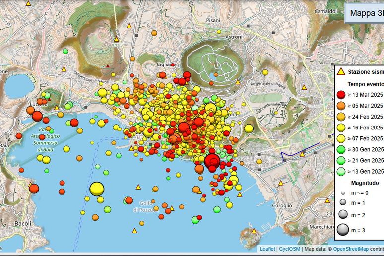 Mappa dei terremoti registrati nell 'area dei Campi Flegrei dall 'inizio del 2025 (fonte: Gossip/Osservatorio Vesuviano/INGV) - RIPRODUZIONE RISERVATA